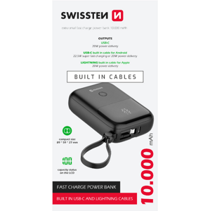 SWISSTEN PowerBank, 10000mAh 22,5W, integrované káble USB-C, Lightning, čierna