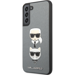 Plastové puzdro Karl Lagerfeld na Samsung Galaxy S22+ KLHCS22MSAKICKCSL Saffiano K&C Heads strieborné