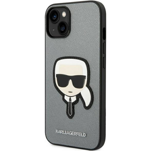 Plastové puzdro Karl Lagerfeld na Apple iPhone 14 KLHCP14SSAPKHG Saffiano With Karl Head Patch strieborné