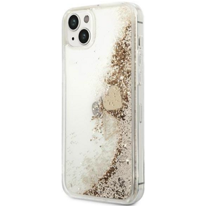Plastové puzdro Guess na Apple iPhone 14 Plus GUOHCP14MGLHFLGO Liquide Glitter Charms zlaté