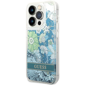 Plastové puzdro Guess na Apple iPhone 14 Pro GUHCP14LLFLSN Liquide Glitter Flower zelené
