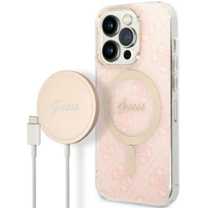 Set plastové puzdro a nabíjačka Guess na Apple iPhone 14 Pro GUBPP14LH4EACSP Magsafe 4G zlato-ružová