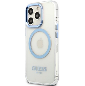 Plastové puzdro Guess na Apple iPhone 13 Pro GUHMP13LHTRMB Metal Outline Magsafe modré