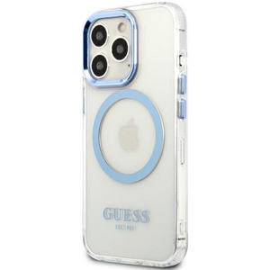 Plastové puzdro Guess na Apple iPhone 13 Pro Max GUHMP13XHTRMB Metal Outline Magsafe modré