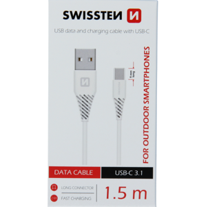 Kábel Swissten  USB/USB-C 3.1 biely 1,5 m (9mm predĺžený konektor pre odol. telefónom)