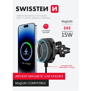 SWISSTEN Magstick Compact, magnetický držiak, bezdrôtové nabíjanie 15W Magsafe, čierny